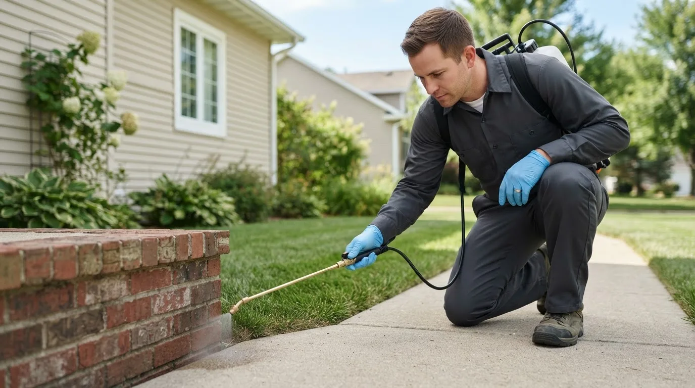 Pest control technician treating a home near Pearsall, TX