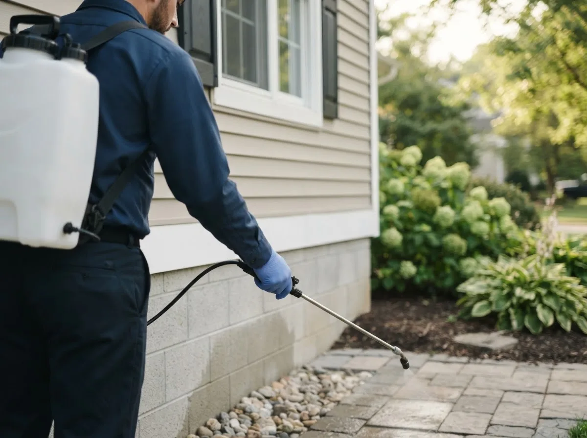 Pest control technician inspecting a home in Pearsall, TX
